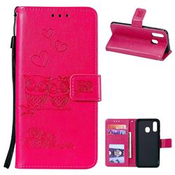 Embossing Owl Couple Flower Leather Wallet Case for Samsung Galaxy A40 - Red