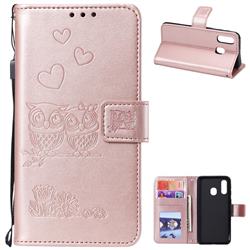 Embossing Owl Couple Flower Leather Wallet Case for Samsung Galaxy A40 - Rose Gold