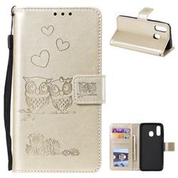 Embossing Owl Couple Flower Leather Wallet Case for Samsung Galaxy A40 - Golden