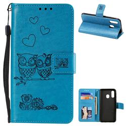 Embossing Owl Couple Flower Leather Wallet Case for Samsung Galaxy A40 - Blue