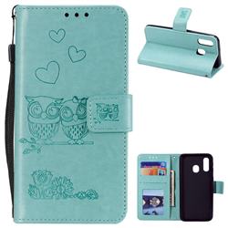 Embossing Owl Couple Flower Leather Wallet Case for Samsung Galaxy A40 - Green