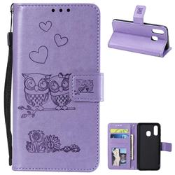 Embossing Owl Couple Flower Leather Wallet Case for Samsung Galaxy A40 - Purple