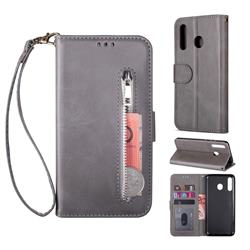 Retro Calfskin Zipper Leather Wallet Case Cover for Samsung Galaxy A40 - Grey