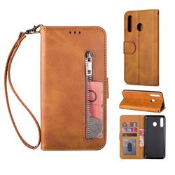 Retro Calfskin Zipper Leather Wallet Case Cover for Samsung Galaxy A40 - Brown