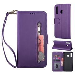 Retro Calfskin Zipper Leather Wallet Case Cover for Samsung Galaxy A40 - Purple
