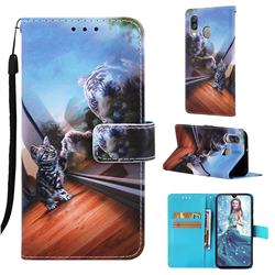 Mirror Cat Matte Leather Wallet Phone Case for Samsung Galaxy A40
