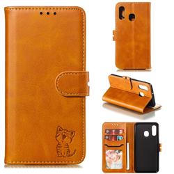 Embossing Happy Cat Leather Wallet Case for Samsung Galaxy A40 - Yellow