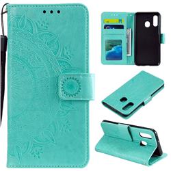 Intricate Embossing Datura Leather Wallet Case for Samsung Galaxy A40 - Mint Green