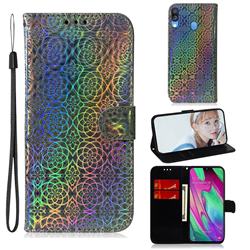 Laser Circle Shining Leather Wallet Phone Case for Samsung Galaxy A40 - Silver