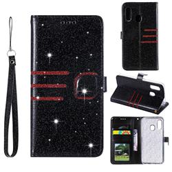 Retro Stitching Glitter Leather Wallet Phone Case for Samsung Galaxy A40 - Black