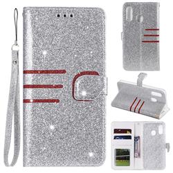 Retro Stitching Glitter Leather Wallet Phone Case for Samsung Galaxy A40 - Silver