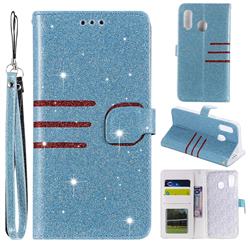 Retro Stitching Glitter Leather Wallet Phone Case for Samsung Galaxy A40 - Blue
