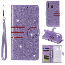 Retro Stitching Glitter Leather Wallet Phone Case for Samsung Galaxy A40 - Purple