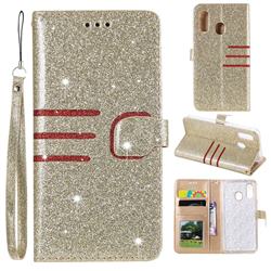 Retro Stitching Glitter Leather Wallet Phone Case for Samsung Galaxy A40 - Golden