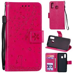Embossing Cherry Blossom Cat Leather Wallet Case for Samsung Galaxy A40 - Rose