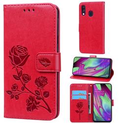 Embossing Rose Flower Leather Wallet Case for Samsung Galaxy A40 - Red
