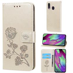 Embossing Rose Flower Leather Wallet Case for Samsung Galaxy A40 - Golden