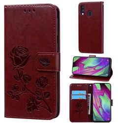 Embossing Rose Flower Leather Wallet Case for Samsung Galaxy A40 - Brown