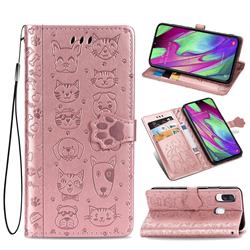 Embossing Dog Paw Kitten and Puppy Leather Wallet Case for Samsung Galaxy A40 - Rose Gold