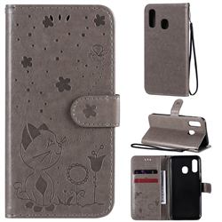 Embossing Bee and Cat Leather Wallet Case for Samsung Galaxy A40 - Gray