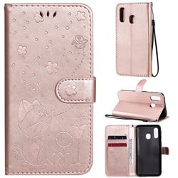 Embossing Bee and Cat Leather Wallet Case for Samsung Galaxy A40 - Rose Gold