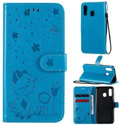 Embossing Bee and Cat Leather Wallet Case for Samsung Galaxy A40 - Blue