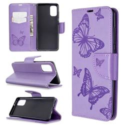 Embossing Double Butterfly Leather Wallet Case for Samsung Galaxy A41 - Purple