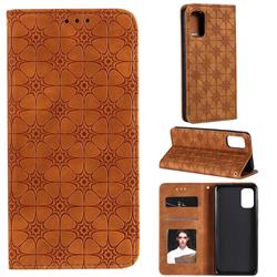 Intricate Embossing Four Leaf Clover Leather Wallet Case for Samsung Galaxy A41 - Yellowish Brown