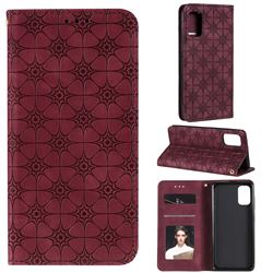 Intricate Embossing Four Leaf Clover Leather Wallet Case for Samsung Galaxy A41 - Claret