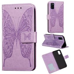 Intricate Embossing Vivid Butterfly Leather Wallet Case for Samsung Galaxy A41 - Purple
