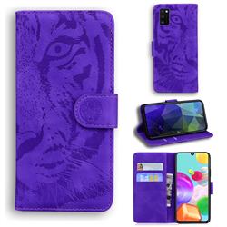 Intricate Embossing Tiger Face Leather Wallet Case for Samsung Galaxy A41 - Purple
