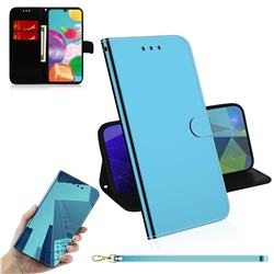 Shining Mirror Like Surface Leather Wallet Case for Samsung Galaxy A41 - Blue