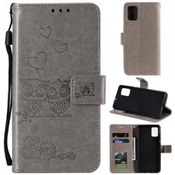 Embossing Owl Couple Flower Leather Wallet Case for Samsung Galaxy A41 - Gray