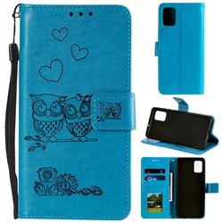 Embossing Owl Couple Flower Leather Wallet Case for Samsung Galaxy A41 - Blue