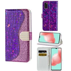 Glitter Diamond Buckle Laser Stitching Leather Wallet Phone Case for Samsung Galaxy A41 - Purple