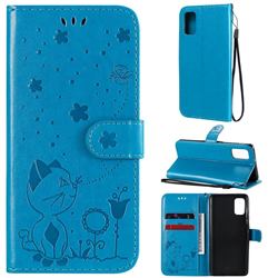 Embossing Bee and Cat Leather Wallet Case for Samsung Galaxy A41 - Blue