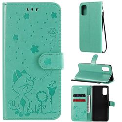 Embossing Bee and Cat Leather Wallet Case for Samsung Galaxy A41 - Green
