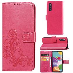 Embossing Imprint Four-Leaf Clover Leather Wallet Case for Samsung Galaxy A41 Japan SC-41A SCV48 - Rose Red