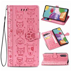 Embossing Dog Paw Kitten and Puppy Leather Wallet Case for Samsung Galaxy A41 Japan SC-41A SCV48 - Pink