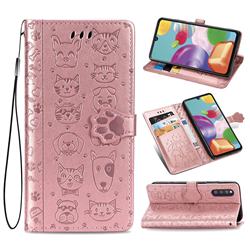 Embossing Dog Paw Kitten and Puppy Leather Wallet Case for Samsung Galaxy A41 Japan SC-41A SCV48 - Rose Gold