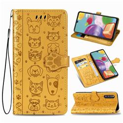 Embossing Dog Paw Kitten and Puppy Leather Wallet Case for Samsung Galaxy A41 Japan SC-41A SCV48 - Yellow