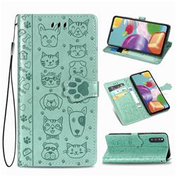 Embossing Dog Paw Kitten and Puppy Leather Wallet Case for Samsung Galaxy A41 Japan SC-41A SCV48 - Green
