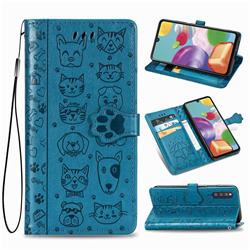 Embossing Dog Paw Kitten and Puppy Leather Wallet Case for Samsung Galaxy A41 Japan SC-41A SCV48 - Blue