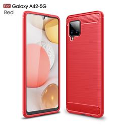 Luxury Carbon Fiber Brushed Wire Drawing Silicone TPU Back Cover for Samsung Galaxy A42 5G - Red
