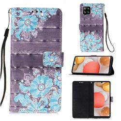 Blue Flower 3D Painted Leather Wallet Case for Samsung Galaxy A42 5G