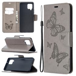 Embossing Double Butterfly Leather Wallet Case for Samsung Galaxy A42 5G - Gray