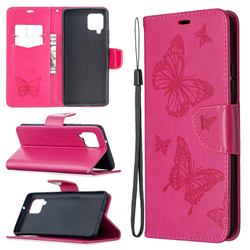 Embossing Double Butterfly Leather Wallet Case for Samsung Galaxy A42 5G - Red