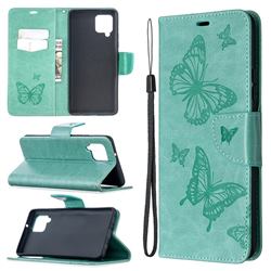 Embossing Double Butterfly Leather Wallet Case for Samsung Galaxy A42 5G - Green