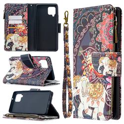 Totem Flower Elephant Binfen Color BF03 Retro Zipper Leather Wallet Phone Case for Samsung Galaxy A42 5G