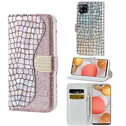 Glitter Diamond Buckle Laser Stitching Leather Wallet Phone Case for Samsung Galaxy A42 5G - Pink